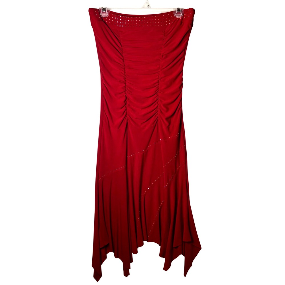 Y2K Whimsigoth Strapless Dress Womens M Red Ruched Studded Asymmetrical Witchy